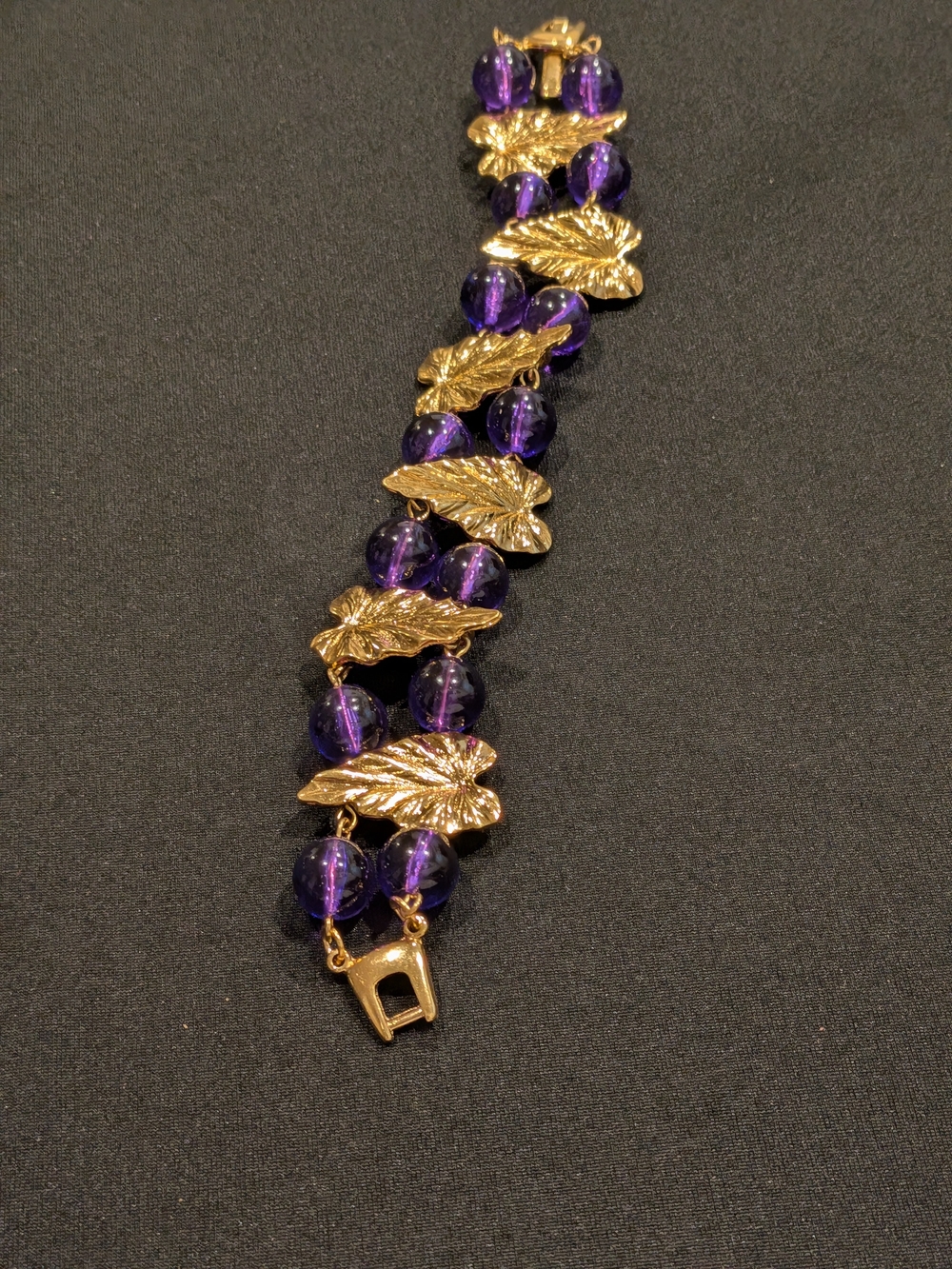 Vintage Gold Leaf & Purple Bead Statement Bracelet - Women Jewelry